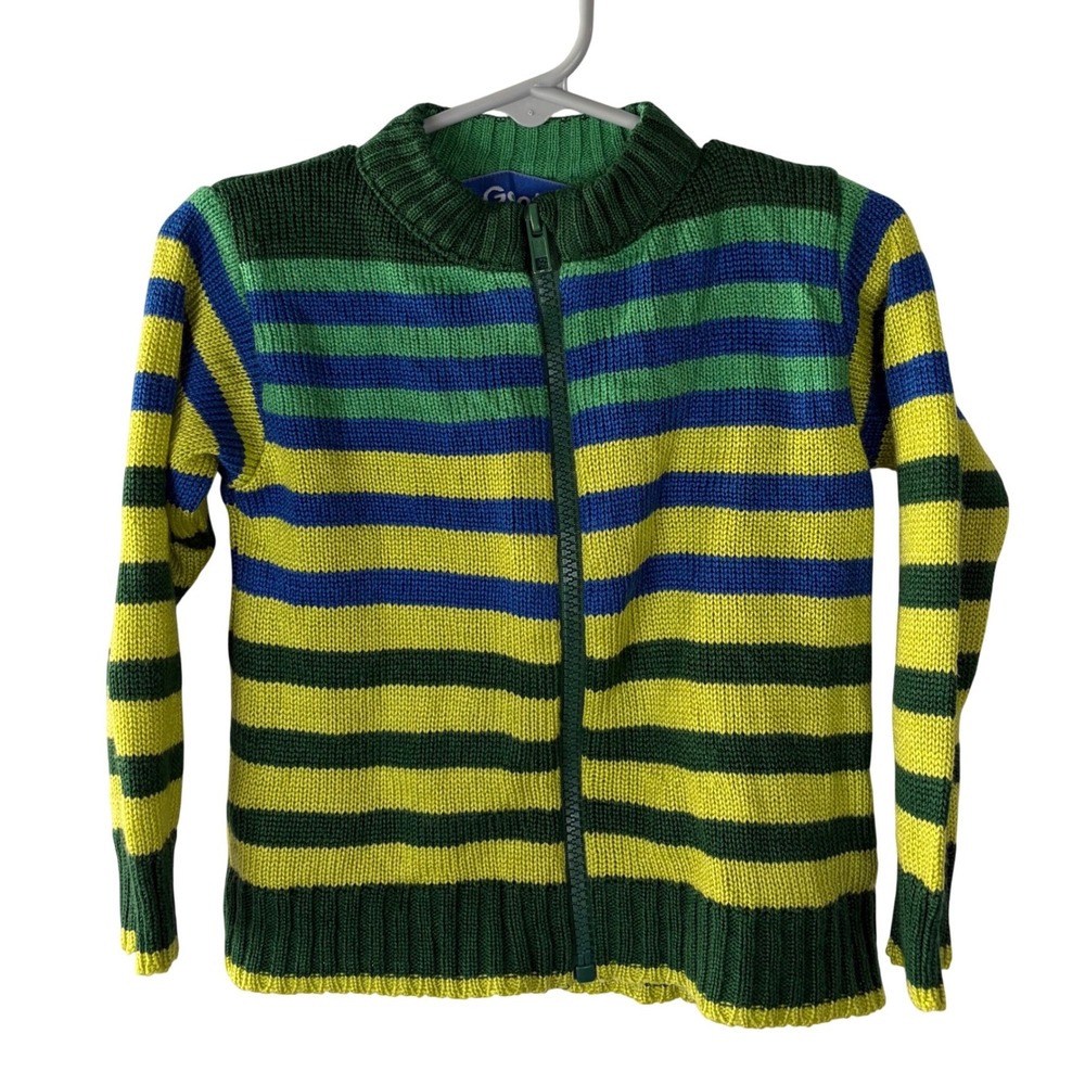 Gontex Kids Striped Full Zip Sweater Size 18‎ Green Blue Yellow Retro Acrylic